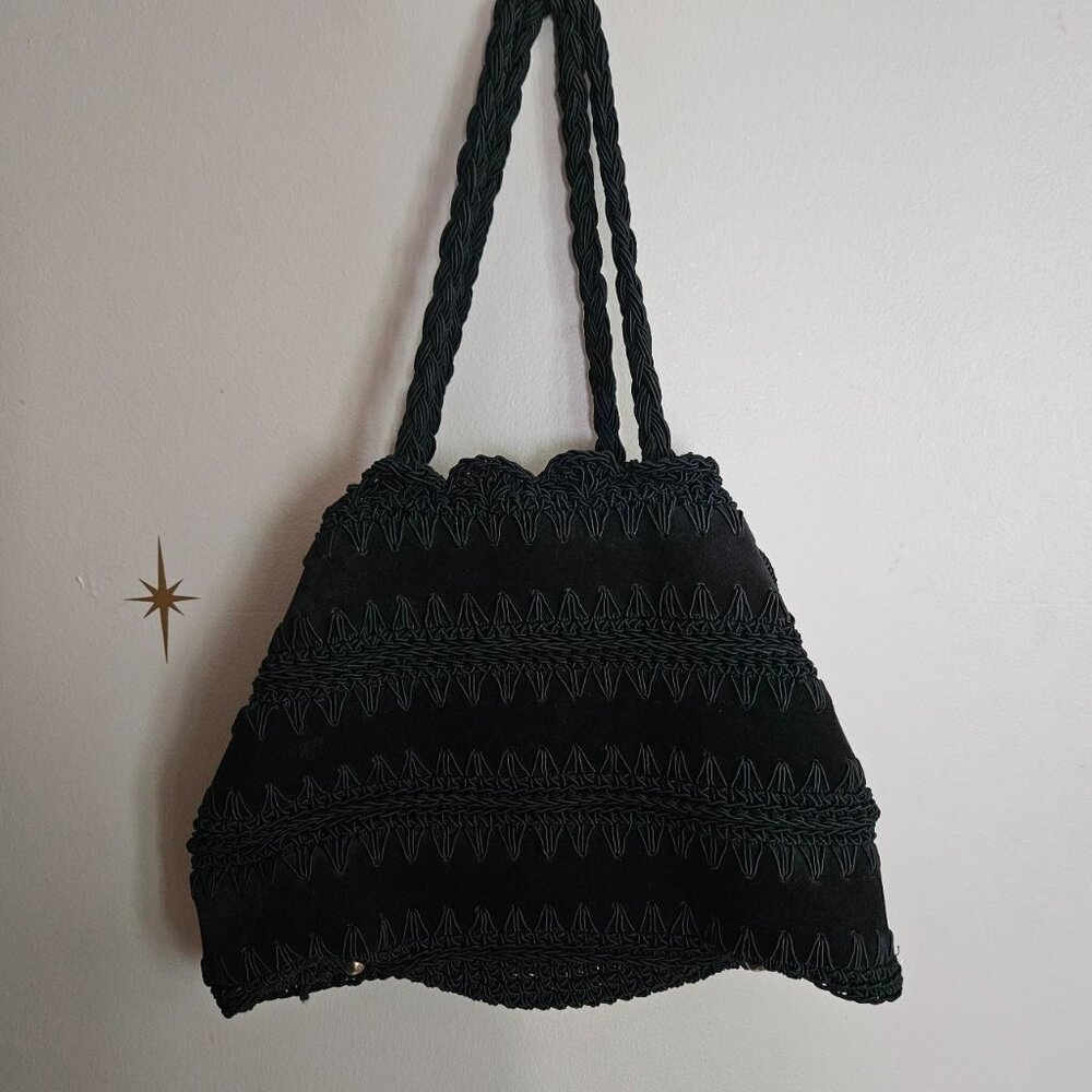 Vtg Walborg Italian Shoulder Purse, Black Leather with braiding Whimsigoth Boho - Picture 4 of 6